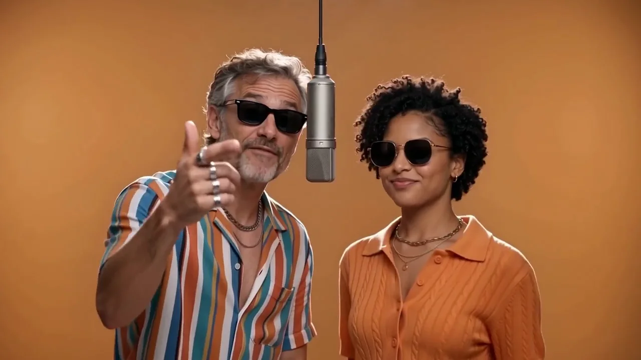 The two uploaded people in striped and orange shirts, standing beside a hanging microphone in an orange studio