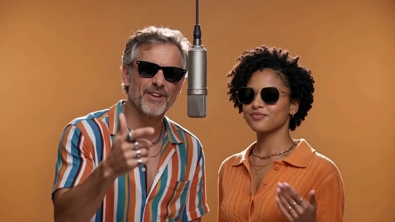 The left performer raps and gestures toward camera while the right performer responds